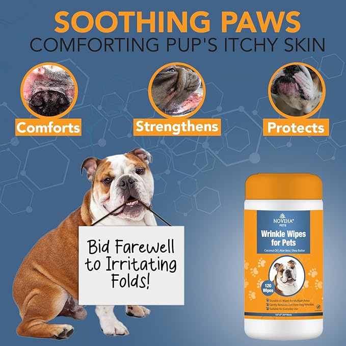 NOVEHA 120PCs - 5”x7” Large Dog Wipes | Wipes for Bulldog, French Bulldog, Pug, English Bulldog | Deodorizing, for Multiple Areas Removes Dirt, Wrinkles, Folds, Tear Stain, Tail Pockets & Paws