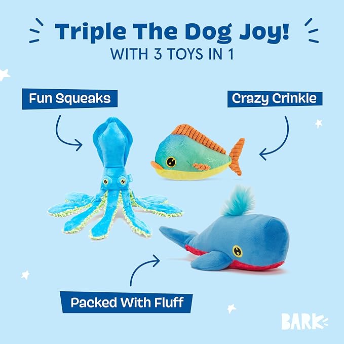 Barkbox Under The Sea Bundle - 3 Toys for Medium and Large Dogs - Squeaky Dog Toy, Tug Toy, Plush Chew Toys - Maggie Mahi, Shify Sid The Squid, Moby Lick