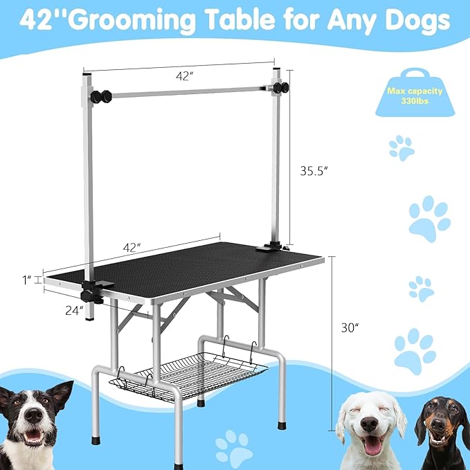 42''Large Dog Grooming Table, Adjustable Cat Drying Desktop with Arms, Nooses, Mesh Tray, Foldable Pet Station at Home, Maximum Capacity Up to 330Lb, 42inch, Black