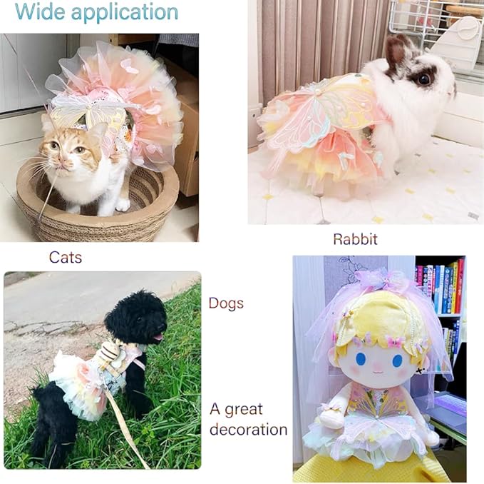 Rainbow Butterfly Dog Dresses for Small Dog Girl Puppy Lace Tutu Princess Dress Cat Outfit Pet Butterfly Costume for Kitten Chihuahua Yorkie Pomeranian (Pink, Medium)