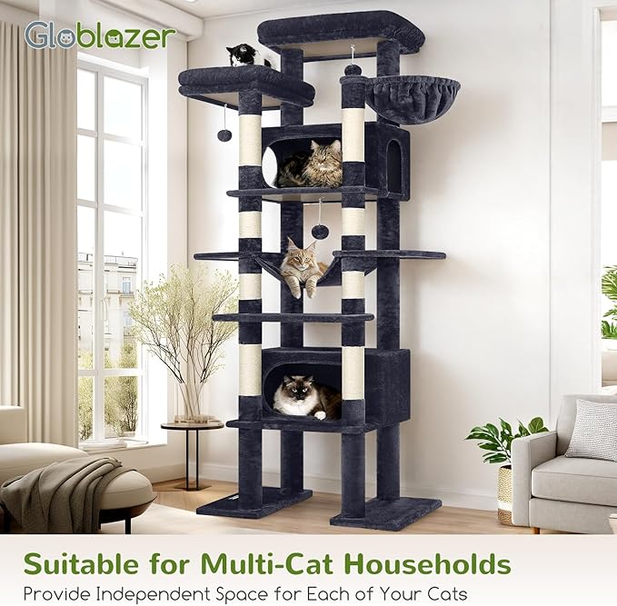 Globlazer XXL Giant Cat Tree, 83 Inch Heavy Duty Tall Cat Tower for Indoor Cats Large Adult, Multi-Level Large Cat Condo with 8 Scratching Posts, Hammock, 2 Cat Caves, 2 Platform, F83B, Dark Grey