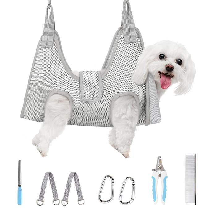Supet Dog Grooming Hammock for Small Dogs, Dog Hanging Harness for Nail Trimming Doorframe, Pet Holder Restraint for Clipping Nails, Pet Hoist Sling for Cutting Nails at Home (Grey S)