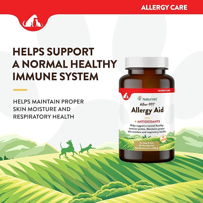 NaturVet Aller-911 Advanced Allergy Aid for Dogs, Cats – Antioxidant-Rich Pet Supplement with Omegas, DHA, EPA – Helps Support Dog Immune System, Cat Respiratory Health, Skin Moisture 60 Ct.