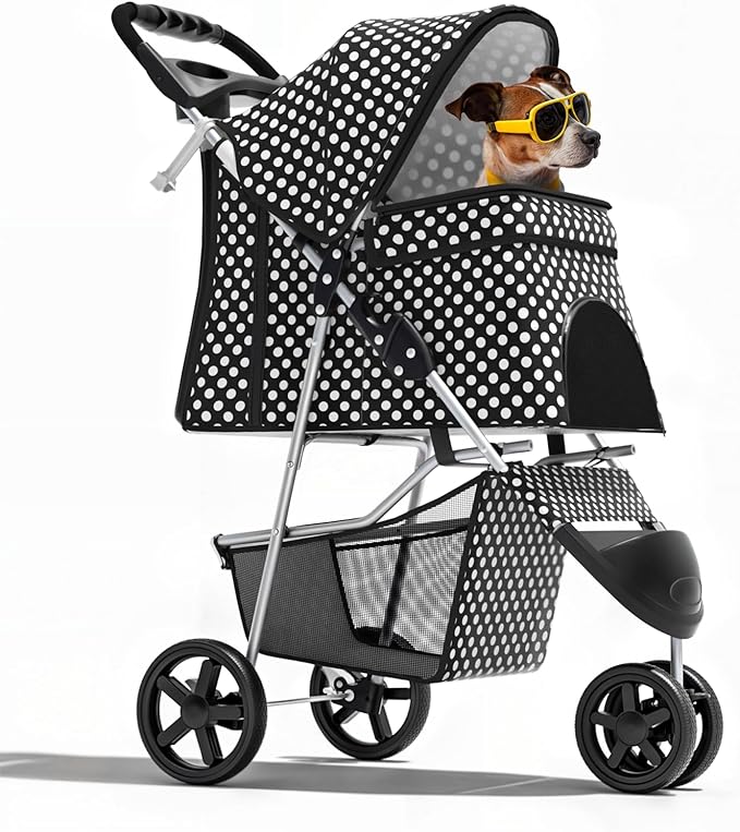 Magshion 3-Wheel Pet Stroller, Foldable Travel Jogger for Small & Medium Dogs & Cats (Up to 33lbs), Lightweight Carrier with Breathable Mesh Cover, Cup Holder & Storage Basket, Black Polka Dots