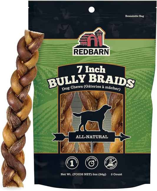 Redbarn 7" Premium Braided Bully Sticks for Dogs - Natural Single Ingredient Braid Treats, Long-Lasting Chews Made from Slow Roasted Beef, Rawhide-Free and Low Odor – 3 Count