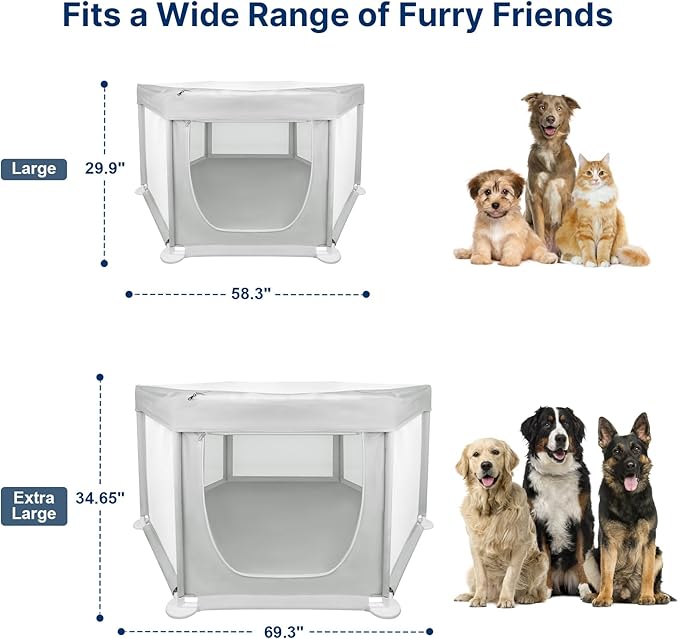 58.3"x58.3"x29.9" Large Dog Playpen Indoor, Extra Tall Puppy Playpen with Removable Roof, Sturdy Fabric Dog Pen for Medium to Large Pets, Spacious Hexagonal Pet Playpen Indoor for Comfort & Security