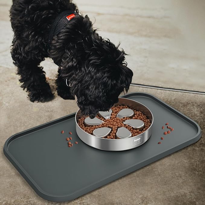 Pet Feeding Mat [Warped Resistant Raised Edge], Water-Proof Silicone Placement for Food Water Bowls, Anti-Slip Base Protect Floor, BPA-Free&Dishwasher-Safe [23.5x13.5inch Large, Gray]