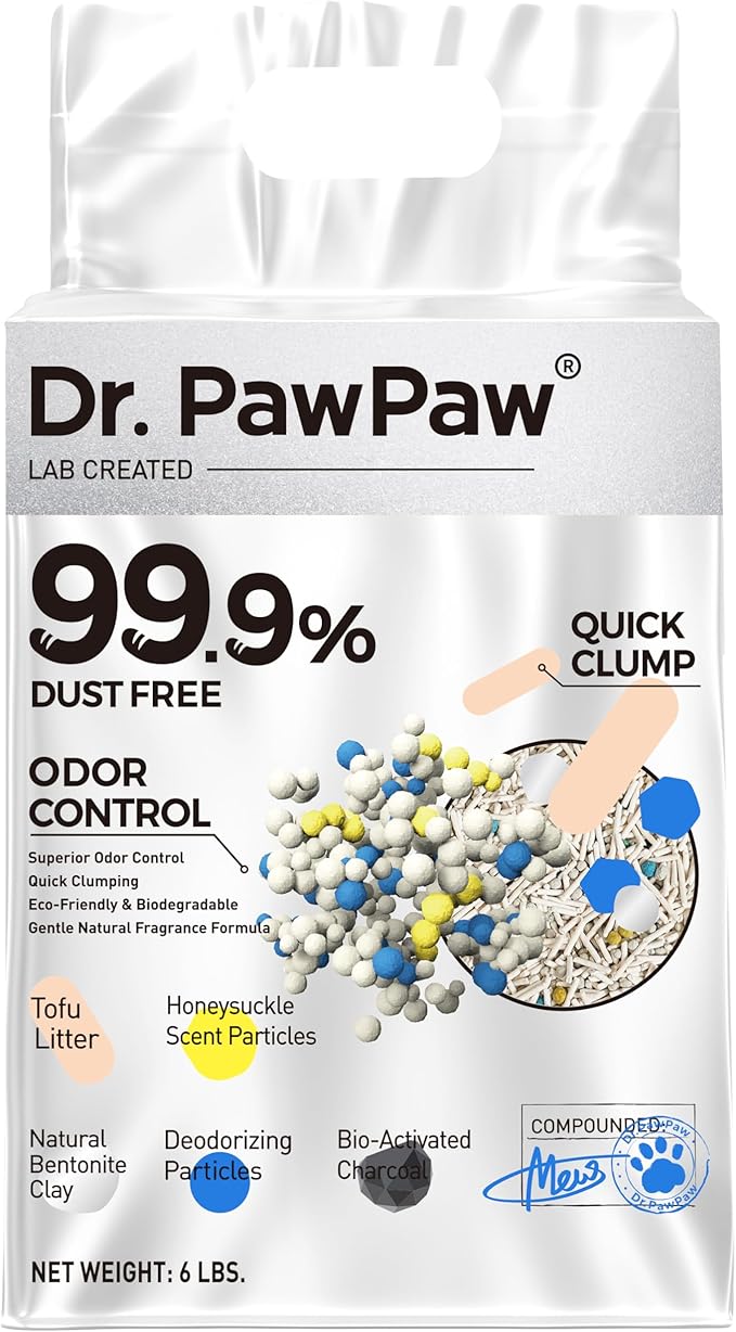 Tofu Cat Litter, Dr. PawPaw Clumping Cat Litter, Honeysuckle Scent 6 lb, Dust-Free Keep Kitty Tidy, Superior Odor Control Keep Step Fresh