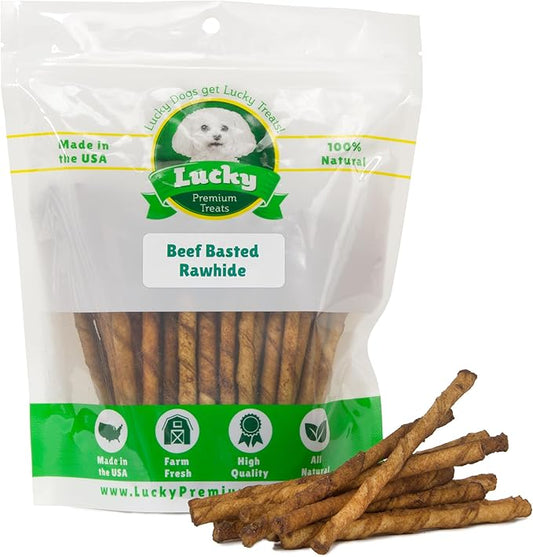 Beef Basted Rawhide Twist Sticks Dog Treats – 60ct. Premium Rawhide Chew Sticks – Long Lasting Beef Flavored Chews for Small Dogs Made in USA with Natural Beefhide
