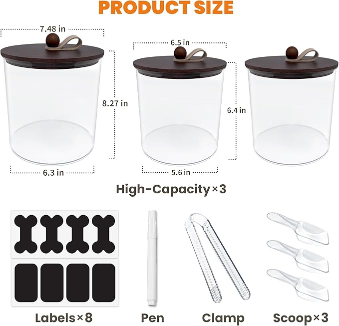 3 Pack Airtight Dog Food Storage Container, Dog Treat Container Dog Food Container with Wood Lids 8x7''&6x5'',Pet Food Storage Container,Cat Food Containers with Scoops,Clamp,Labels,Pens