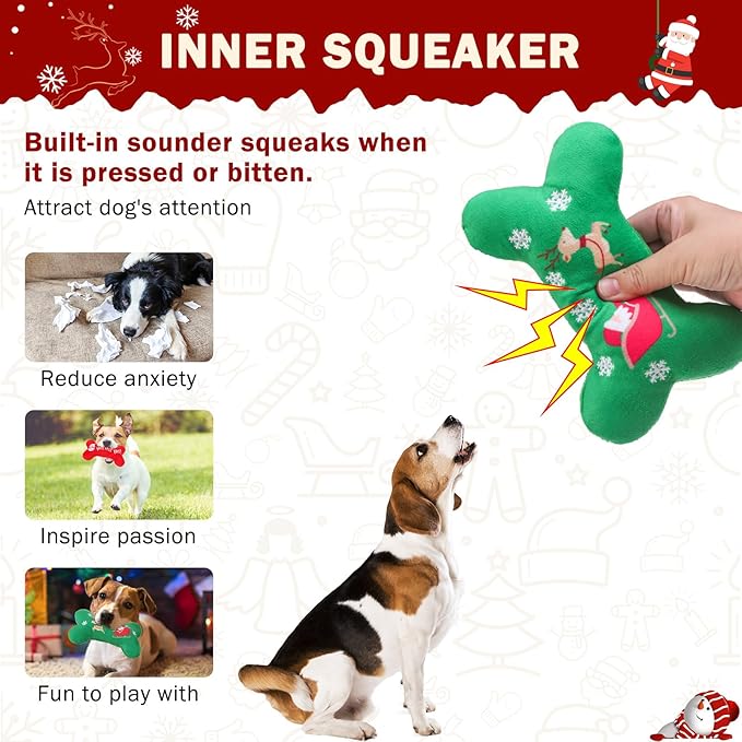 SCENEREAL Christmas Dog Toy Pack 4, Durable Cute Interactive Dog Stuffed Plush Squeaky Toys with Squeaker, Pet Chew Toys for Small Medium Dogs Puppies Bone Shape