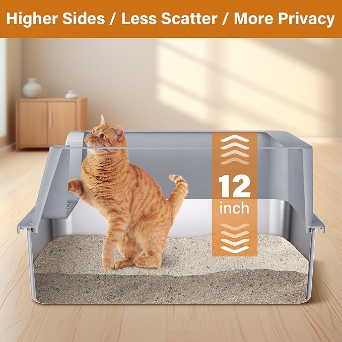 XL Stainless Steel Litter Box 2 Pack, 24x16x12 Inches Extra Large High Sided Metal Cat Litter Box with Lid, Easy Clean, Non Stick & No Smell