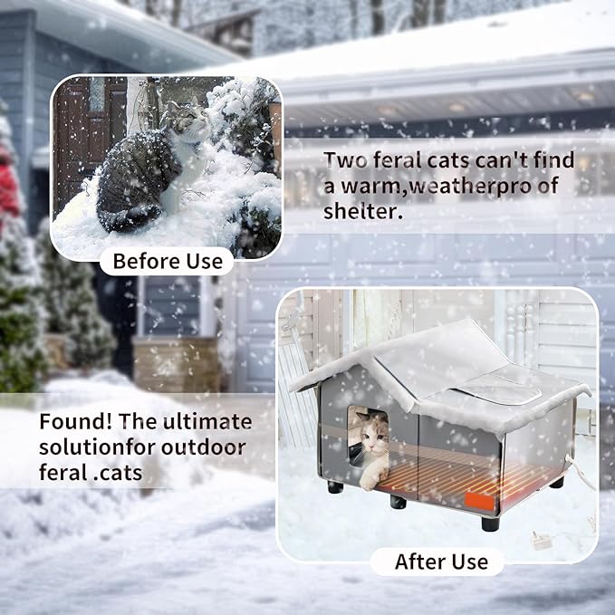 Heated Cat House for Outside Pets in Winter, Heated Outdoor Cat House Weatherproof, Insulated Cat Shelter with Heating Mat