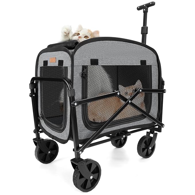 Lekereise Extra Large Pet Carrier with Wheels – Soft-Sided Foldable Rolling Cat Carriers for 2 Small Cats or Medium Large Dog Under 30lbs, Stable & Ventilated Travel Crate for Camping Outdoor, Grey