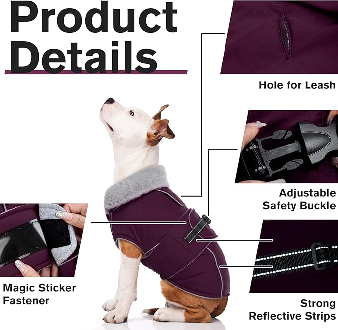 Lelepet Warm Dog Coat Reflective Fleece Vest Waterproof Dog Jacket with Adjustable Buckle Hook & Loop Windproof Cold Weather Coats for Small Medium Large Dogs, Dark Purple, M