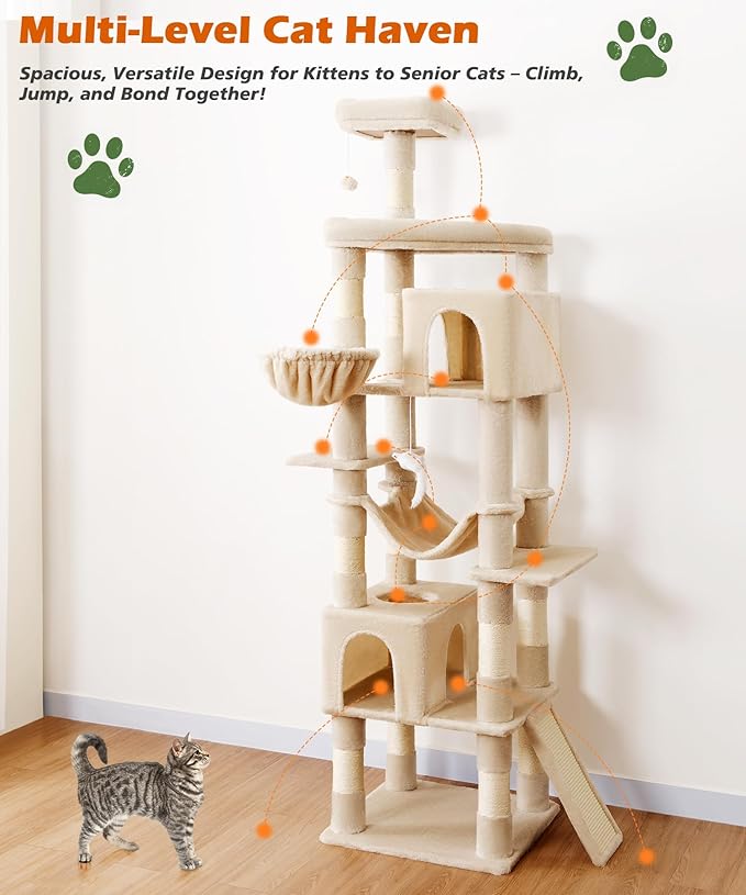 AMHANCIBLE Cat Tree, 83 Inch Large Multi-Level Tall Tower for Indoor Adult Cats, with Scratching Post and Board, Hammock, Condos, Hanging Basket, Activity Center to Play and Sleep, Beige, PT21BG