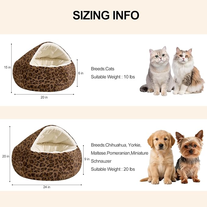 Calming Dog Beds & Cat Cave Bed with Hooded Cover,Removable Washable Round Beds for Small Medium Pets,Anti-Slip Faux Fur Fluffy Coved Bed for Improved Sleep,Fits up to 15/25 lbs(Leopard Print,S)