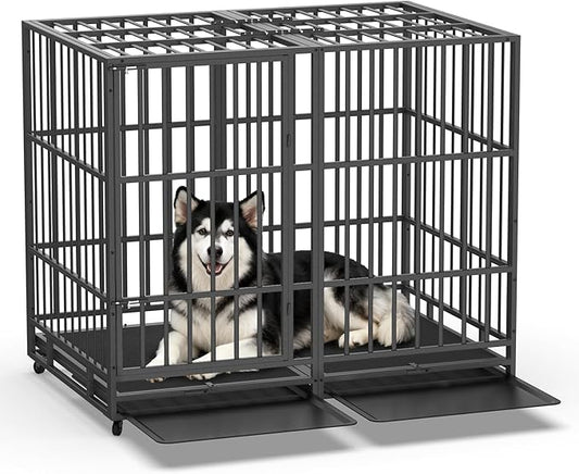 Heavy Duty Indestructible Dog Crate 54 Inch with Removable Tray, Sizes & Colors Optional, Escape Proof Double Door High Anxiety Cage Indoor, Kennel with Wheels for Large Dogs, XL XXL XXL