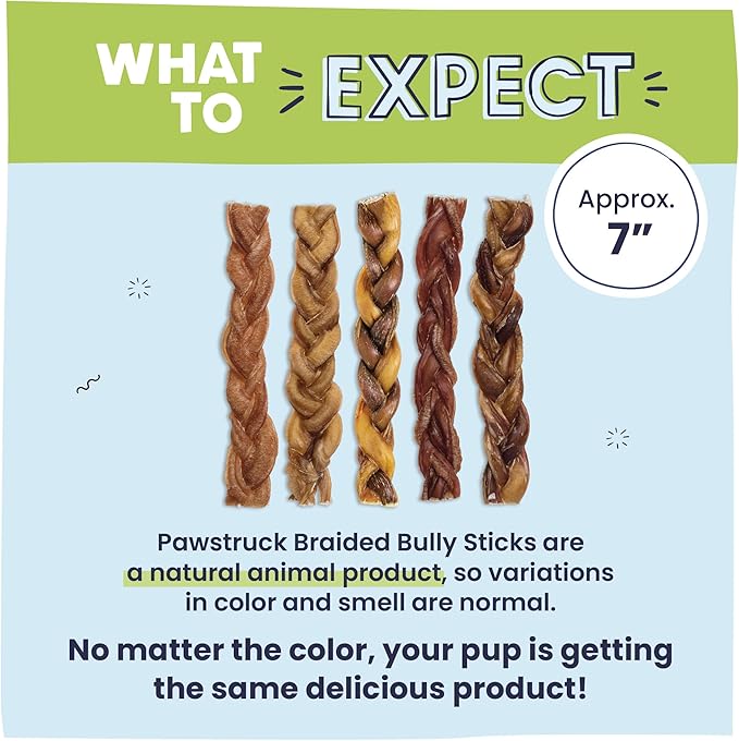 Pawstruck Natural 7” Braided Bully Sticks for Dogs, Tough Long-Lasting, Rawhide-Free, Low Odor, Healthy Single Ingredient Chew Treat for Aggressive Chewers, 25 Count, Packaging May Vary