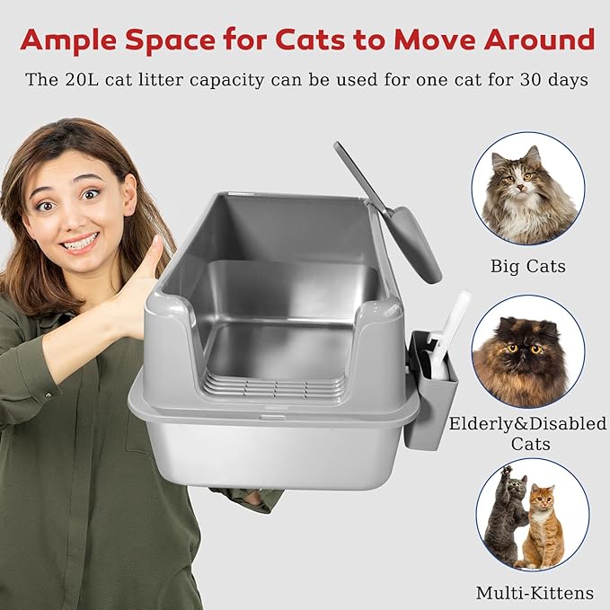 Stainless Steel Litter Box with Lid, 24" XL Extra Large High-Sided Metal Cat Litter Box for Multiple Cats,Anti-Leakage & Non-Stick, Easy to Clean, Includes 2 Scoops&Deodorizer Box, Gray