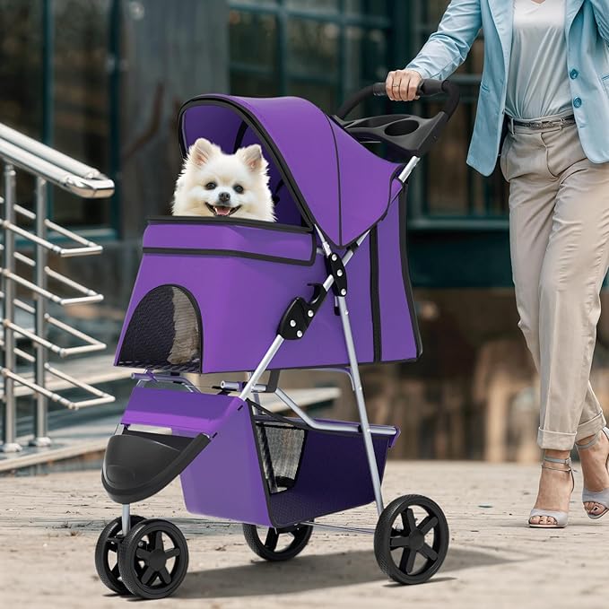 Magshion 3-Wheel Pet Stroller, Foldable Travel Jogger for Small & Medium Dogs & Cats (Up to 33lbs), Lightweight Carrier with Breathable Mesh Cover, Cup Holder & Storage Basket, Purple