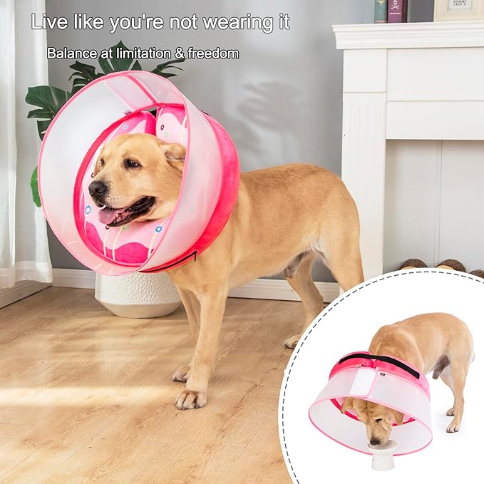 Inflatable Dog Cone Collar for Large Medium Small Dogs, Soft Dog Donut Collar Adjustable Recovery Cone for Pets After Surgery, Extra Enhanced Anti-Licking Guard Shield (Pink Donut, Medium)
