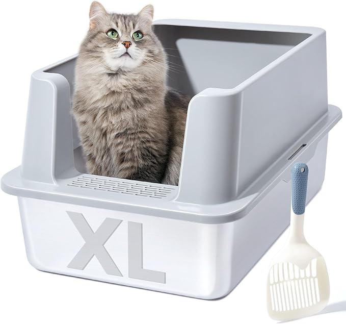 Stainless Steel Litter Box with Lid，Metal Litter Box with Covered Easy to Clean,Extra Large Litters Box for Big Cats with Scoop,Litters Box High Sided Enclosure, Non-Sticky, Anti-Leakage