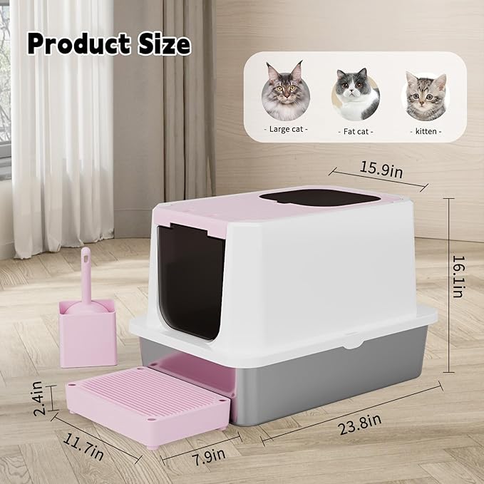 RIZZARI Enclosed Cat Litter Box: Pink Stainless Steel Odorless Cat Box - Top-Entry Design - Large Capacity High-Sided Leak Proof Litter Pan for Cats - Easy Clean Pet Toilet - for Living Room Bedroom