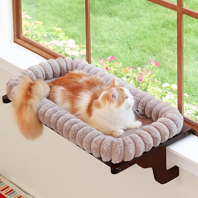 Zakkart SnugCloud Cat Window Perch with 4-Sided Bolster - Orthopedic Cat Hammock for Window Sill - Solid Hardwood & Metal Frame - Window Seat for Pets (Dark Stained Wood w/Brown Bed, Medium)