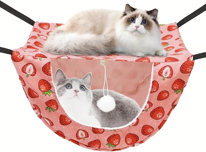 JSPYFITS Cat Cage Hammock with Ball,Double Layer Hanging Adjustable Soft Pet Bed Suit for Kitten Ferret Puppy Rabbit or Small Pet, 2 Level Indoor Bed for All Season(Pink Strawberries)