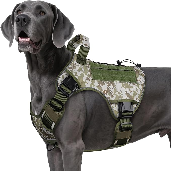 WINGOIN Tactical Dog Harness for Extra Large Dogs, Heavy Duty No Pull Dog Harness with Handle, Adjustable Reflective Military K9 Big Dog Vest for Great Dane, Walking, Hunting, Green Camo (XXL)