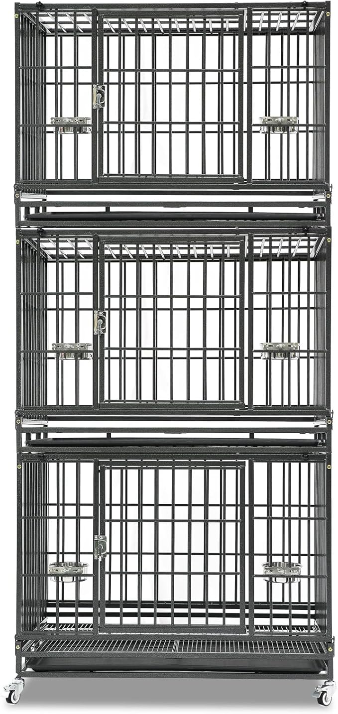 Homey Pet Three Tiers 37 Inch Dog Crate, Escape Proof Dog Cage Kennel Indoor with Top Access and Lockable Wheels, Removable Tray, Heavy Duty Dog Crates for Medium/Small Dogs