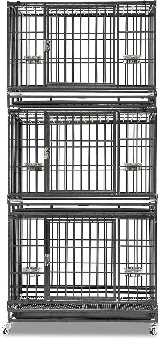 Homey Pet Three Tiers 37 Inch Dog Crate, Escape Proof Dog Cage Kennel Indoor with Top Access and Lockable Wheels, Removable Tray, Heavy Duty Dog Crates for Medium/Small Dogs