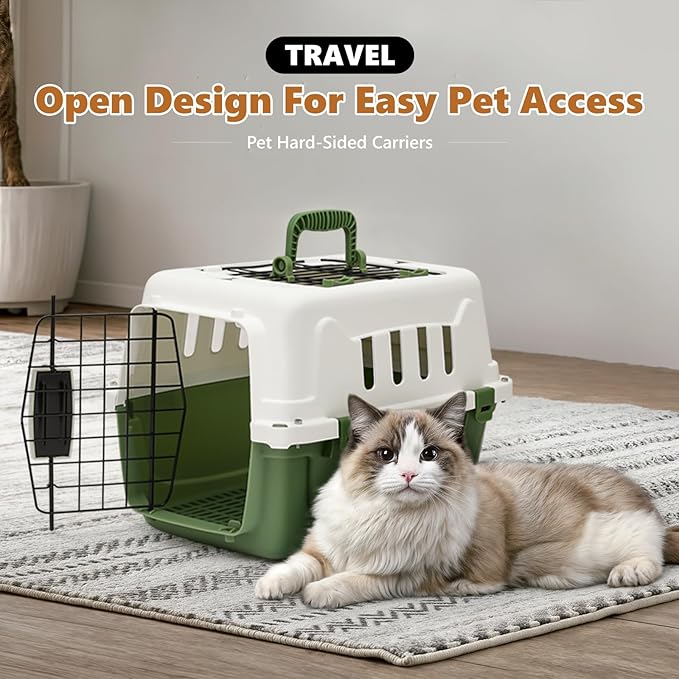 Athena Collection 18" Hard-Sided Travel Pet Carrier for Small Dogs and Cats, Plastic Dog Crate with 2-Door Top & Front Load, Ventilation, Security Lock, Cat Dog Carrier for Pet, up to 10lbs, Green