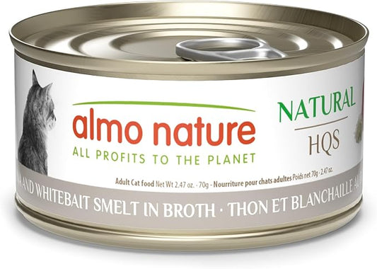 almo nature HQS Natural Wet Cat Food Tuna and Whitebait Smelt in Broth, Grain-Free, 2.47 oz (Pack of 24)