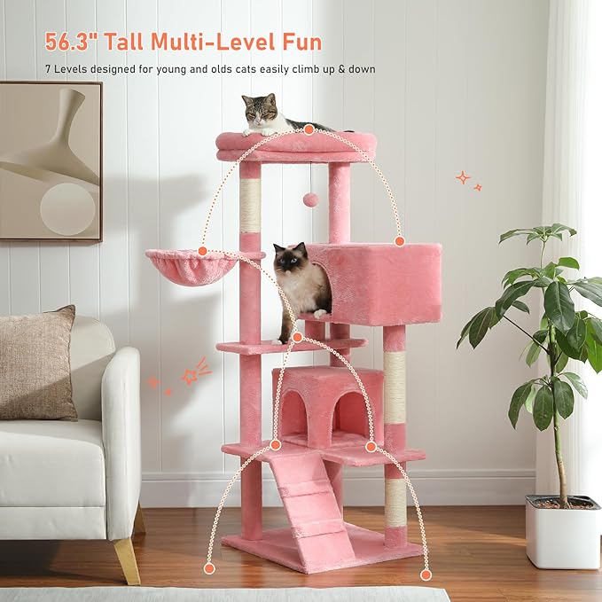Pink Cat Tree for Indoor Cats, 2 Cozy Condos with Spacious Top Perch, 56.3-Inch Multi-Level Cat Tower with Scratching Posts, 2 Caves, Plush Hammock and Climbing Ramp