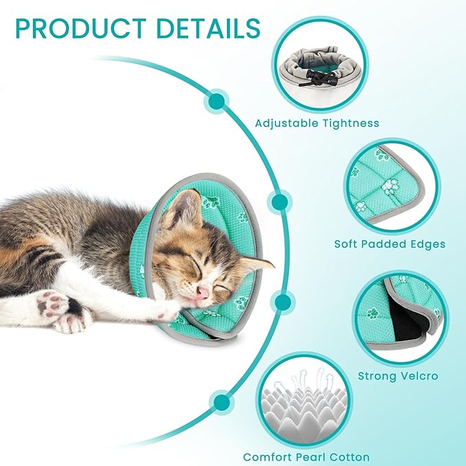 Cat Cone Collar Soft, Cat Recovery Collar Stop Licking After Surgery, Kitten Elizabethan Collar, Adjustable, Lightweight, Comfortable - Green, S