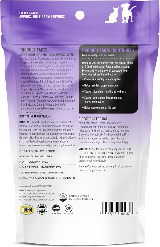 Om Mushroom Matrix Pet - Canine | Healthy Pet | USA Grown Human-Grade Organic Mushroom Powder Pet Supplement | Daily Functional Immune Support for Dogs & Cats | 100 Grams, 3.5 oz