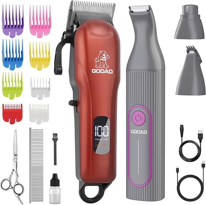 Dog Clippers for Grooming,Dog Grooming Kit for Heavy Thick Hair&Coats/Low Noise Rechargeable Cordless Pet Shaver with Paw Trimmer Nail Grinder/Pet Hair Trimmer for Small & Large Cats