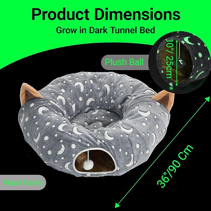 LUCKITTY Cat Tunnel Bed Under Christmas Tree with Plush Ball Toy Playground Crinkle Collapsible Self-Luminous Flannel Fabric 3FT for Large Cats Kittens Kitty Small Animals Puppy Grey Moon Star