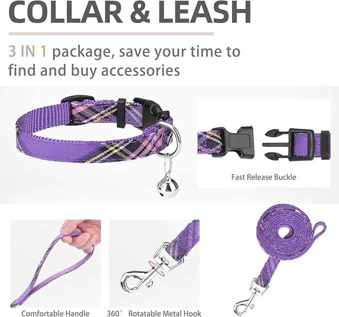 PUPTECK Adjustable Dog Harness Collar and Leash Set Step in No Pull Pet Harness for Small Medium Dogs Puppy and Cats Outdoor Walking Running, Soft Mesh Padded Reflective Vest Harnesses, Purple XS