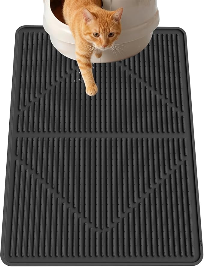 Gosmol Cat Litter Mat, 24"x15" Waterproof & Urine-Proof Silicone Trapping Mat with Deep Grooves, Easy Clean Non-Slip Rubber Cat Mat for All Litter Boxes (Hooded/Self-Cleaning) & Floors, Black