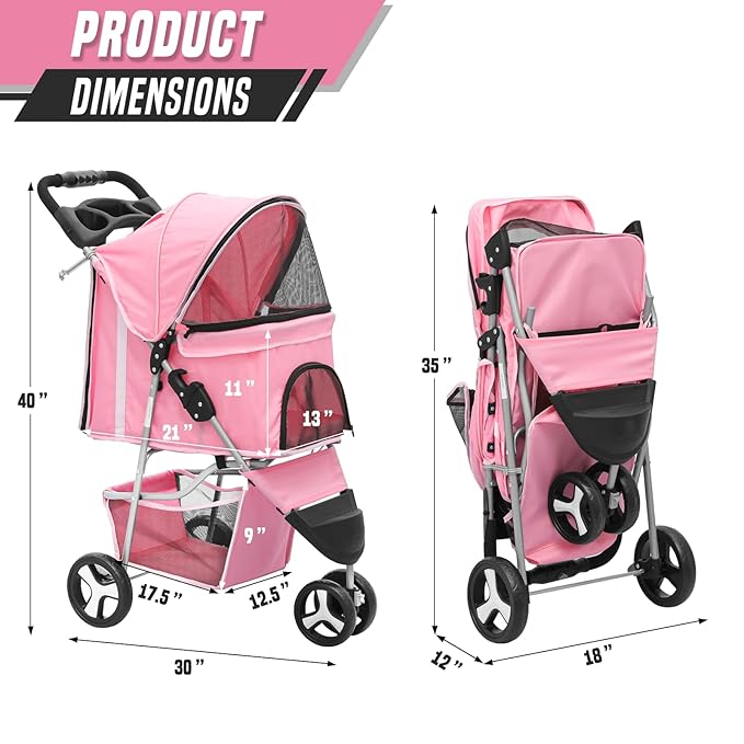 Cat Dog Stroller, 3-Wheels for Medium/Puppy Dogs 30 Lbs, Foldable Pets Stroller with Storage Basket and Cup Holder, Breathable Mesh Pink