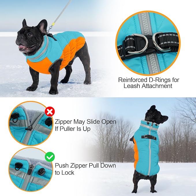 Warm Dog Jackets for Large Dogs, Waterproof Dog Coat with Harness Built in, Zipper Clousure, Fleece Lining for Cold Weather Outdoor Walks, Pet Snowsuit for Shiba Inu, French Bulldog - L