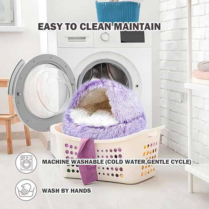 Cat Bed for Indoor Cats, Calming Cozy Cave with Self-Warming Plush, Entire Bed Machine Washable & Anti-Slip Base, Breathable Pet Bed for Small Cats&Dogs All Seasons (Purple, 24 * 24inch)