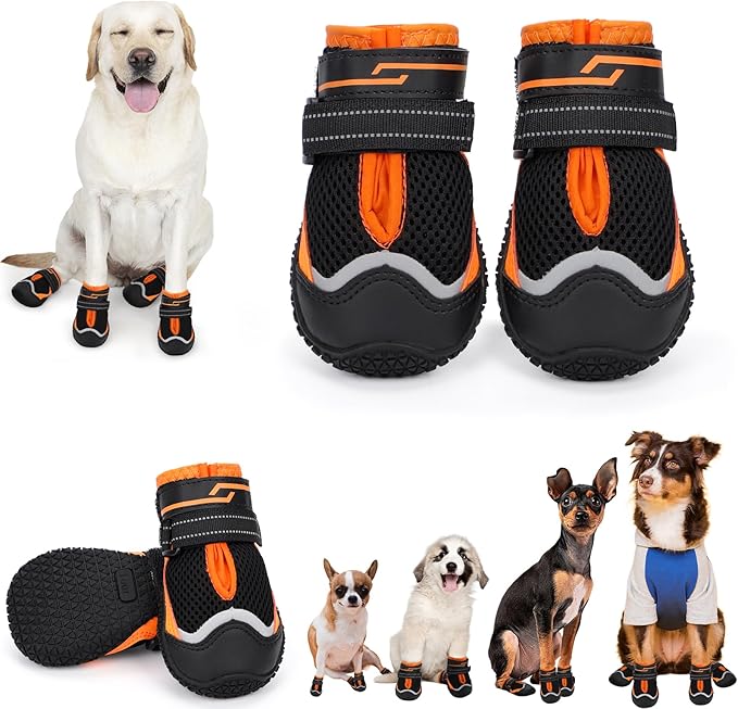 Dog Shoes for Hot Pavement,Dog Boots & Paw Protectors for Large Medium Size Dogs to Prevent Licking,Dog Booties with Reflective for Outdoor,Hiking,Hardwood Floors,Winter Snow(Black Orange,Size3)