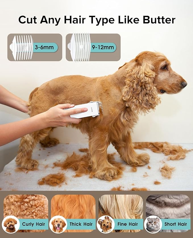 Upgrade Home Professional Dog Grooming Kit Clipper for Matted & Long Hair, Cordless Pet Shaver Low Noise USB Rechargeable for Cats, Small&Medium Dogs, Handy Pet Hair Grooming Trimmer, White