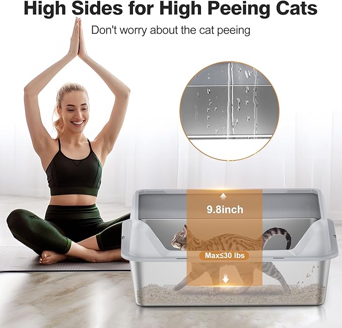 Stainless Steel Cat Box, XL Extra Large, Non-Sticky, Anti-Leakage, Metal, Easy to Clean (Grey)