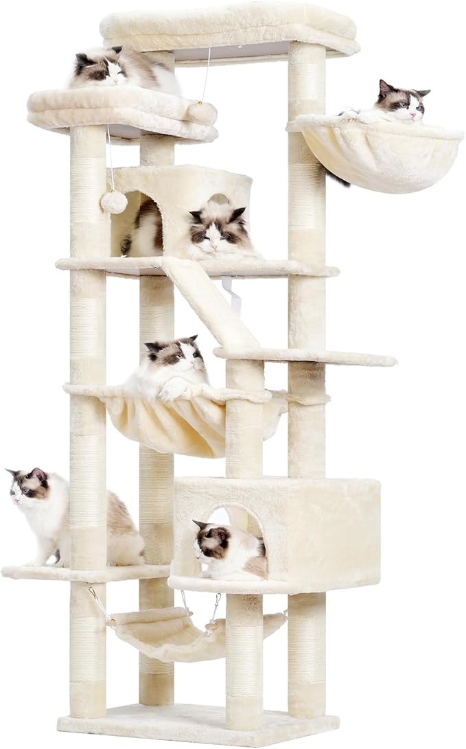 Heybly Cat Tree, 71-Inch-Tall Tower for Indoor Cats with 2 Perches, 2 Big Condos, 2 Hammocks, Basket, Scratching Pad, Large Cat Furniture and Condo, Beige HCT034M