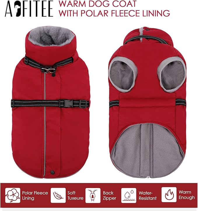 AOFITEE Dog Coat for Large Dogs, Warm XL Dog Jacket Winter, Pet Winter Coat with Harness Built in, Fleece Puffer Jacket Waterproof Reflective Snowsuit for Extra Large Dogs, Christmas Red XL